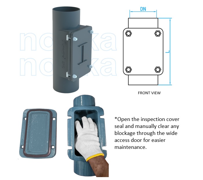 Paip pendek hubless besi tuang bersalut epoksi dan zink dengan pintu akses
